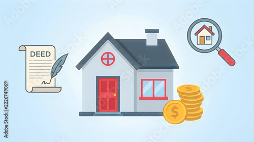 Real estate concept with house model legal deed document and coins for property investment