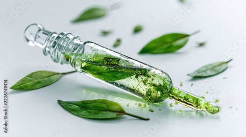 Transparent Glass Dropper Filled with Green Herbal Extract and Botanical Leaves for Natural Skincare and Aromatherapy Isolated on White Background
