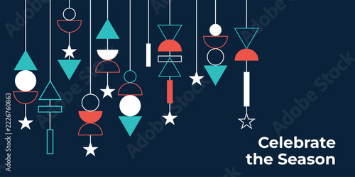 Geometric celebration shapes on a deep blue background with text Celebrate the Season