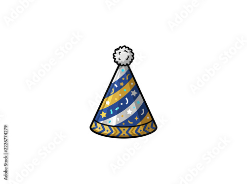 Blue And Gold Cone Party Hat With Stars Moons And White Pom Pom Festive Design Vector Illustration