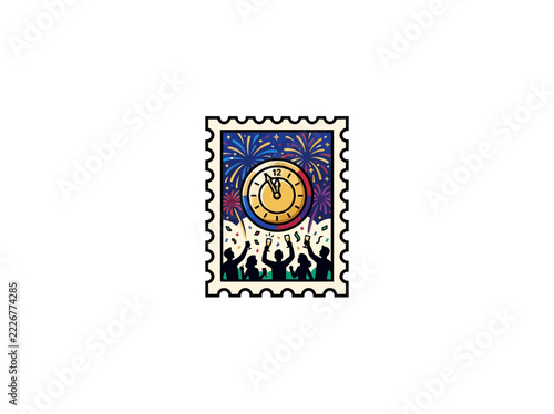 New Years Eve Postage Stamp With Midnight Clock Fireworks And Cheering Crowd Vector Illustration