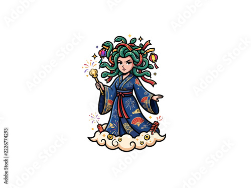 Gorgon Woman With Green Snake Hair Blue Robe Sparklers And Festive Decorations Vector Illustration
