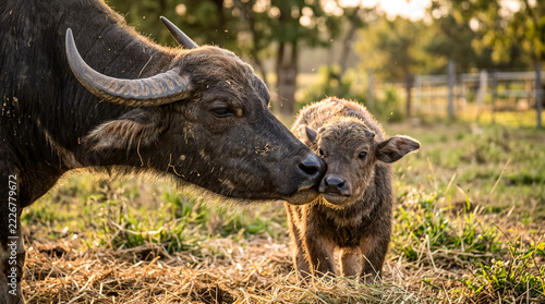Water buffalo cow nuzzles her calf in a fenced farm pasture at sunset