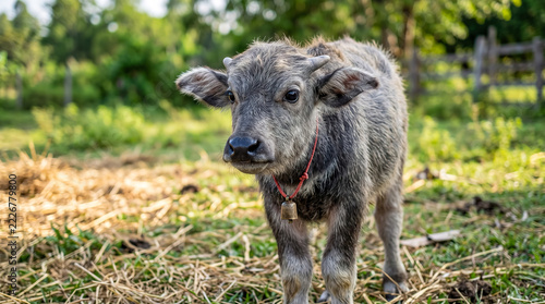 Young calf wearing a bell stands in a straw-covered farm enclosure during the day
