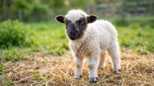 Young lamb standing on straw in a green pasture during daylight