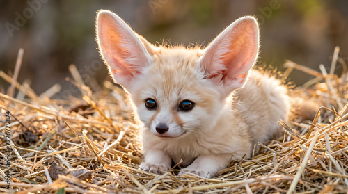 Fennec fox kit resting in straw during daylight