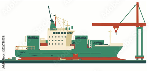 Cargo Ship in Port Modern Flat Vector Illustration in Forest Green and Cream Palette on Plain White Background, Print-Ready Maritime Shipping and Logistics Design