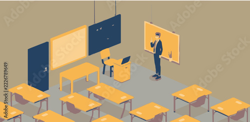 Classroom with a Teacher Flat Isometric Vector Illustration in Golden Yellow and Navy Blue Palette, Ample Copy Space, Print-Ready Educational Design