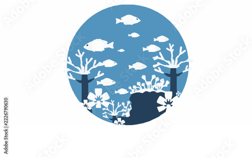 Coral Reef with Tropical Fish Flat Cartoon Vector Illustration in a Monochrome Blue Color Palette, Circular Framed Underwater Ocean Scene Featuring Marine Life, Colorful Reef Structures and Clean Mini