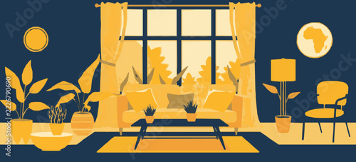 Cozy Living Room with Indoor Plants Flat Illustration Featuring Geometric Shapes in a Golden Yellow and Navy Blue Color Palette, Centered Composition with Modern Furniture and Botanical Decor, Contemp