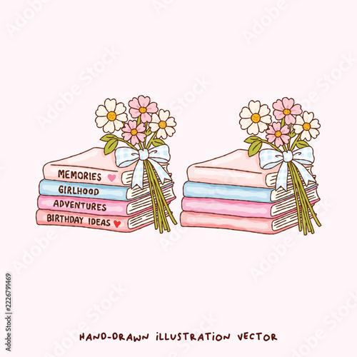 Cute Pastel Book Stacks with Daisy Flower Bouquets, Friendship Memories and Cozy Reading Aesthetic Hand Drawn Illustration
