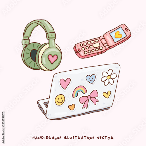 Retro Y2K Technology Collection with Green Headphones, Pink Flip Phone and Cute Sticker Laptop, Nostalgic Hand Drawn Illustration