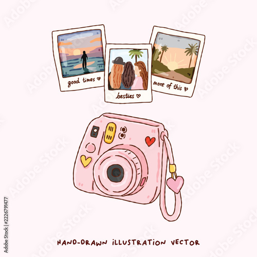 Cute Pink Instant Camera with Coastal Polaroid Photos, Summer Beach Memories and Retro Scrapbook Aesthetic Hand Drawn Illustration