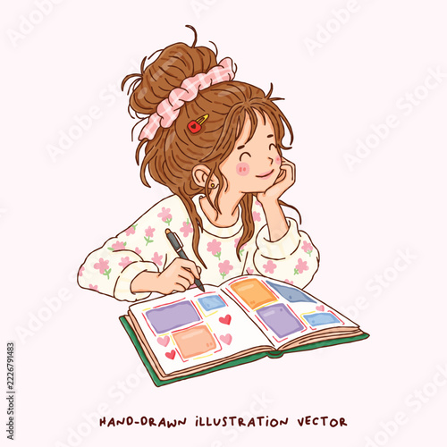 Cute Girl Writing in Scrapbook Journal with Messy Bun Hairstyle, Cozy Creative Journaling and Pastel Hand Drawn Illustration