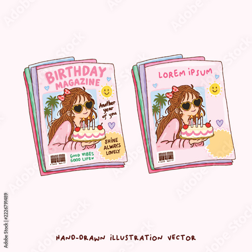 Cute Pink Birthday Magazine Cover with Retro Girl Illustration, Birthday Cake, Tropical Palm Trees and Y2K Girly Scrapbook Aesthetic