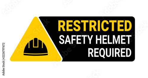 Restricted area safety helmet required sign vector illustration. Construction zone industrial warning banner with yellow triangle,  symbol and text on black background.
