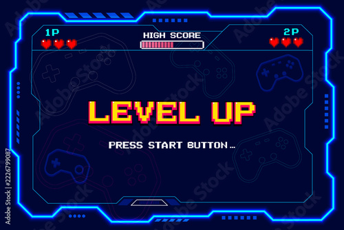 LEVEL UP. press start button. pixel art 8-bit. retro game. for game assets in vector illustrations.