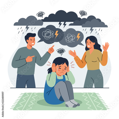 Child distressed by parental conflict, isolated on transparent background