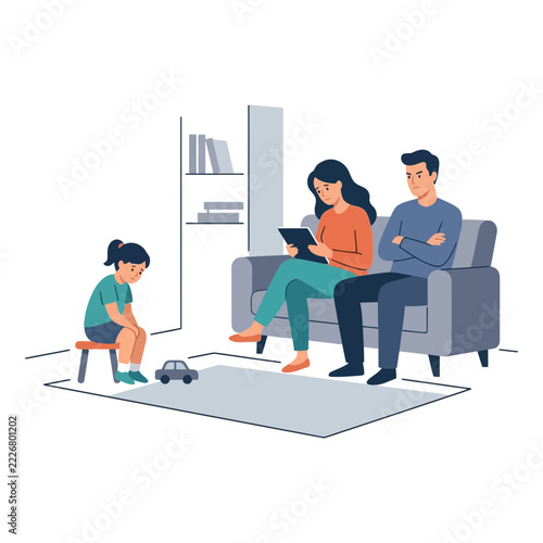 Sad child with parents, family therapy session, counseling