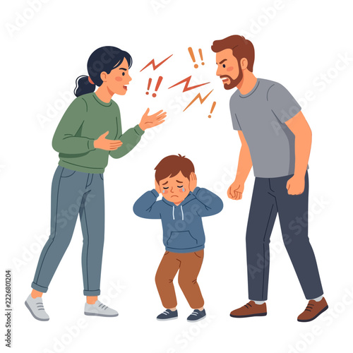 Parents Arguing, Child Covering Ears, Family Conflict Isolated
