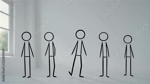 Minimalist stick figure animation of people standing in a line against white