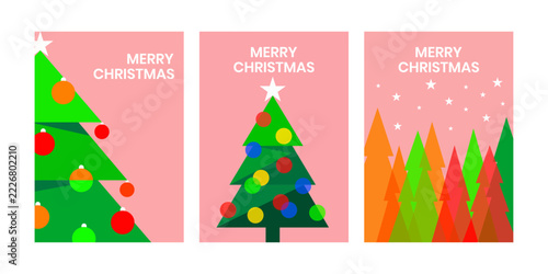 Minimalist Merry Christmas greeting card set with geometric xmas tree star and colorful balls vector background design