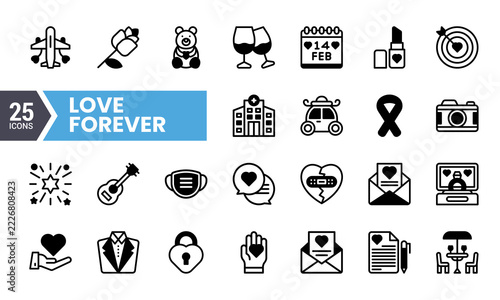 Diverse black and white line art collection of love and romance themed icons for dating apps and greeting cards on white background.