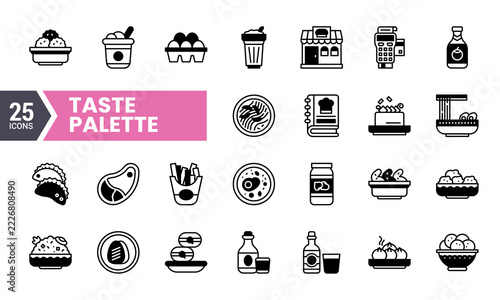 Collection of black and white outlined icons representing diverse food. cooking. and dining concepts on a clean white background.