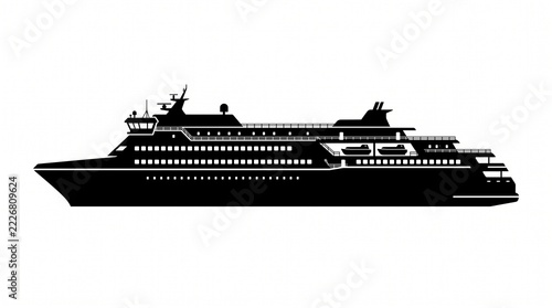 Black silhouette of a large passenger cruise ship on white background