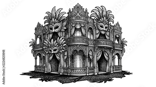 The Image Is A Black And White Illustration Of A Large Ornate Building