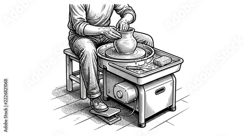 The Image Is A Black And White Illustration Of A Potter Working On A