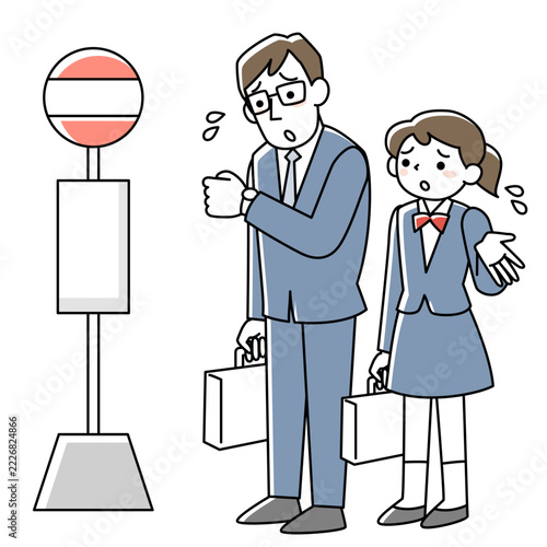 バスが来なくてバス停で焦っている会社員と学生