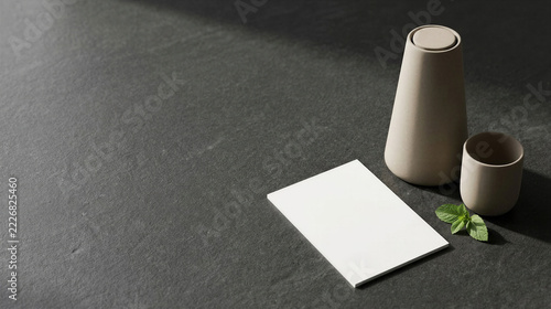 Blank white card mockup beside matte beige ceramic water carafe with lid, matching tumbler and fresh mint on dark basalt stone, minimalist hospitality stationery with natural light and left copy space