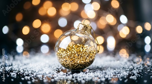 Transparent glass christmas bauble filled with sparkling gold glitter resting on snowy reflective surface against warm glowing bokeh lights during winter seasonal holiday celebration events