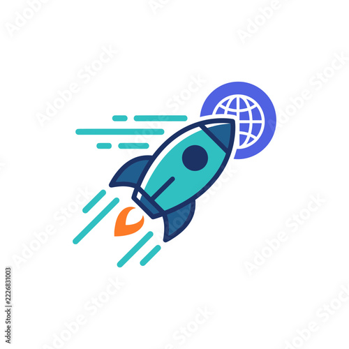 Modern Rocket Ship Launching Towards Globe Icon for Business Startup Growth