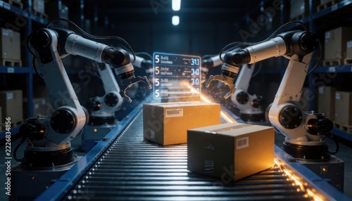 Automated robotic arms in a modern warehouse packaging products on conveyor belt