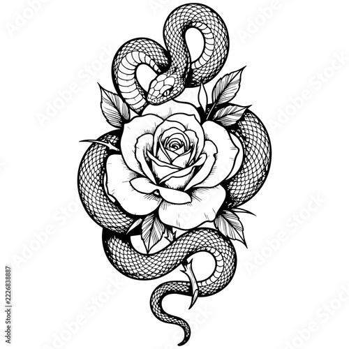 Fotografie Traditional tattoo flash of a snake and rose, monochrome serpent entwined with f