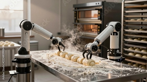Bakery robotic arms shaping dough
