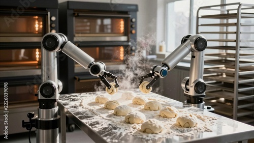 Bakery robotic arms shaping dough