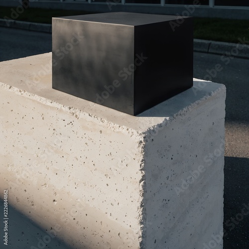  Minimalist Black Cube Sculpture on Concrete Pedestal