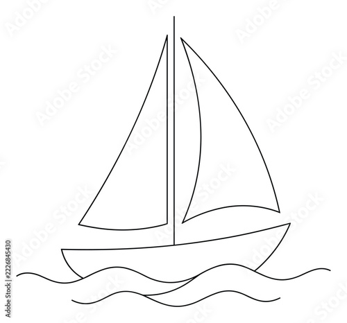 Minimal sailboat line art illustration depicts sailing boat on ocean waves in black.