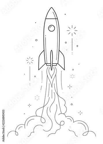 Rocket launch line art drawing shows spacecraft lifting off with smoke trails black.