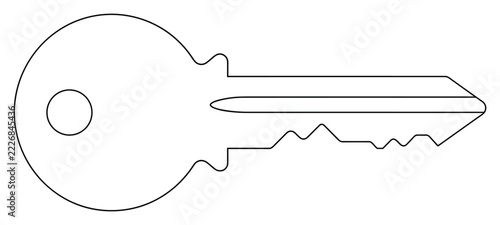 Metal key outline with circular bow and jagged bitted blade for security icon needs.