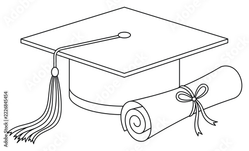 Graduation cap and rolled diploma scroll outline for university commencement ceremony.