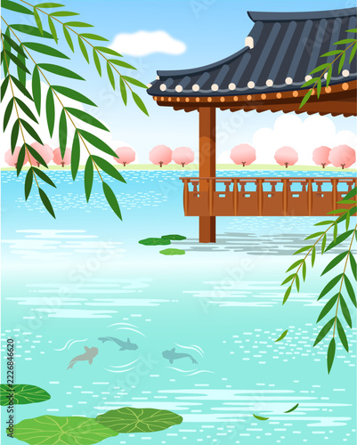 A pond with a traditional pavilion and willows