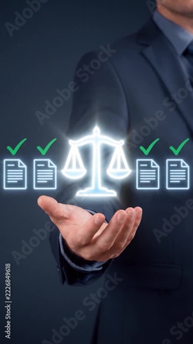 Legal Document Verification with Justice Scales, Legal Compliance, Document Review, Regulatory Approval, Audit Readiness, Vertical Video