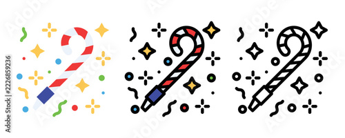 Candy cane holiday party popper with festive confetti sparkles season flat design graphic celebration illustration