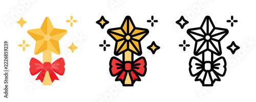 Golden star wand with red ribbon bow decoration flat design graphic illustration colorful sparkles decorative accessory whimsical