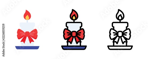 Three different styles of christmas candles featuring decorative red ribbons and glowing flames candle holiday flat design