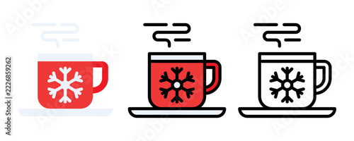 Red coffee mug with snowflake pattern and steaming hot drink tea cup beverage winter ceramic illustration background